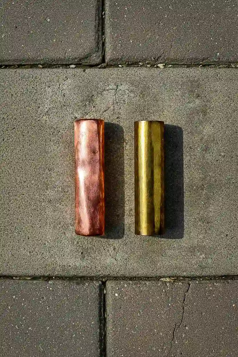 Copper and brass shown side by side for scrap metal identification